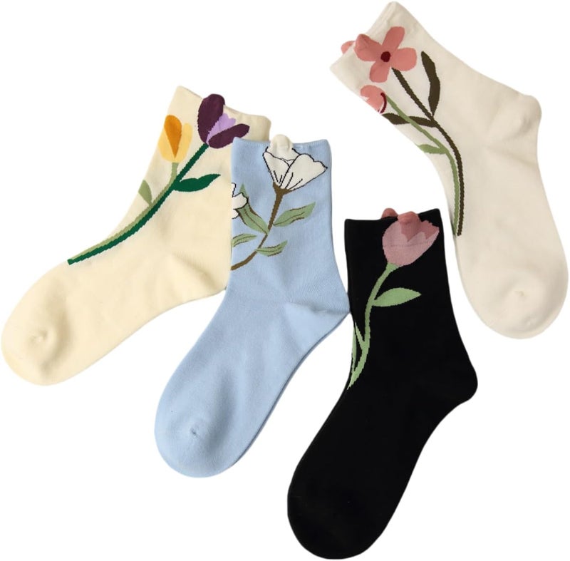 MarJunSep Cute Floral Crew Socks for Women Teen Girls Flower Cottagecore Frilly Vintage Fancy Cotton Socks - Image 1